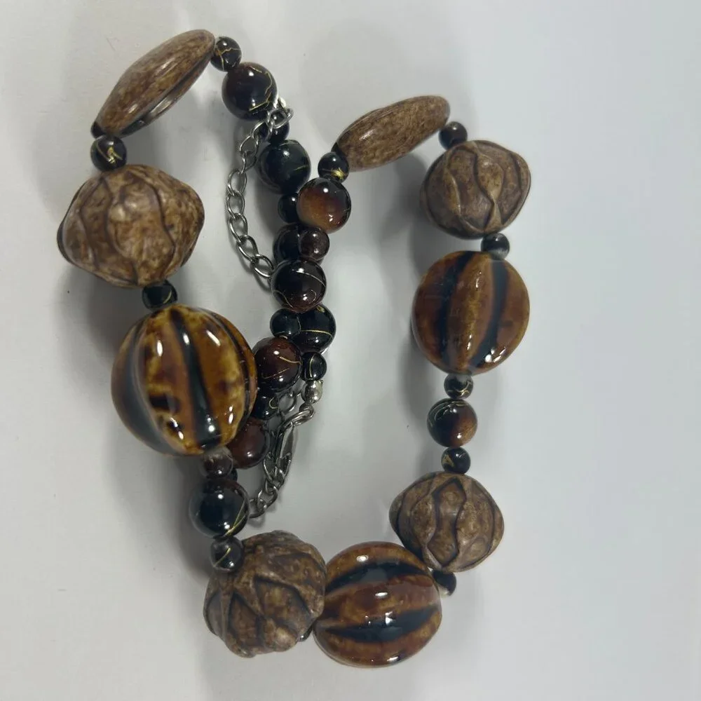 Esmor Beaded Necklace Brown Silver Tone Textured Graduated Ethnic 16-21